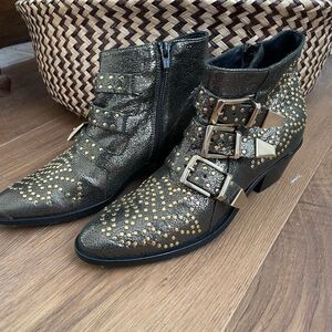 Lemare Italy Leather Ankle Cowboy Boots Metallic Green Gold 36 6